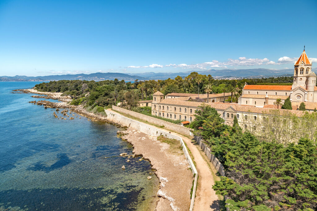 Lérins Abbey on Saint-Honorat island off the coast of Cannes, surrounded by the Mediterranean