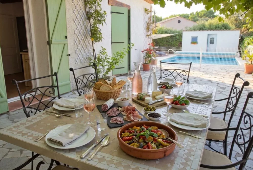 Provençal dinner table set on the terrace by the pool
